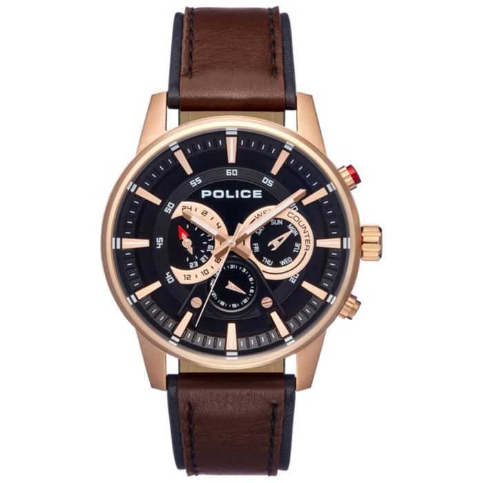 Montre homme POLICE WATCHES AVONDALE PL.15523JSR02. Fashion. Date. 50. Noir. Marron. Doré. Rond. Quartz. Analogique. Cuir. Acier i