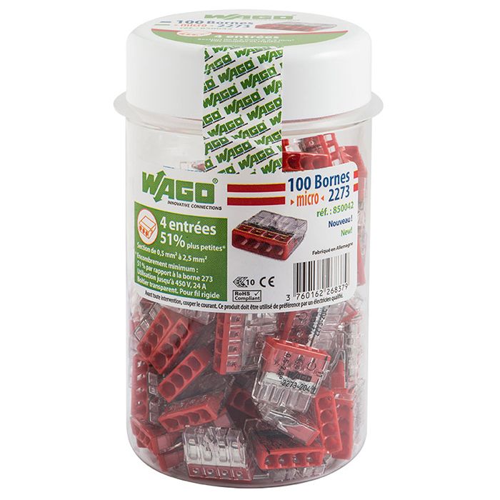 Pot de 100 mini bornes 4 fils S2273 WAGO