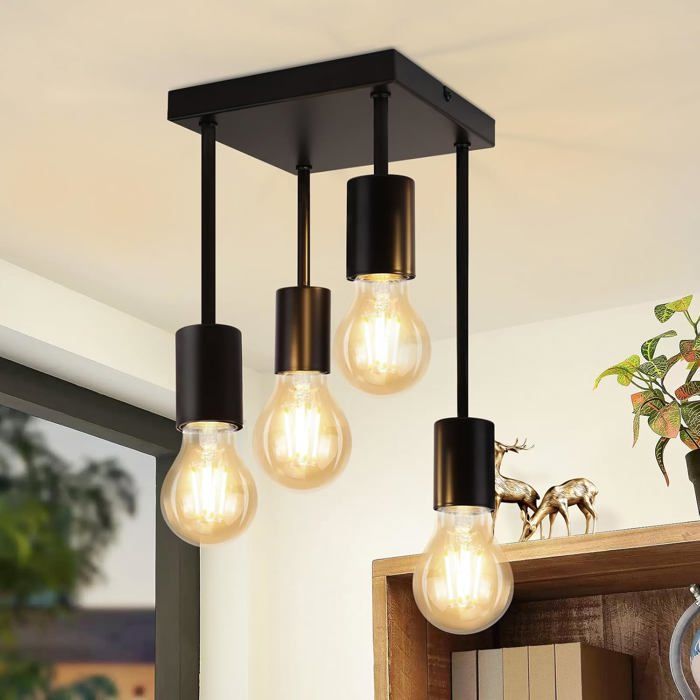 Homefire Plafonnier Plafonnier Noir Vintage - Lampe de Cuisine E27 4 Ampoules Spots de Plafond Industriels Suspendus en Métal Rétro