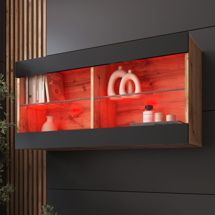 Komodee Vitrine Armoire Horizontal Tivoli - Noir Wotan - 100 x 50 x 29 cm - LED RVB