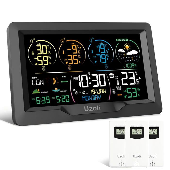 Uzoli Station Météo Sans Fil EM3405 - Thermomètre Hygromètre Intérieur Extérieur Avec Prévisions