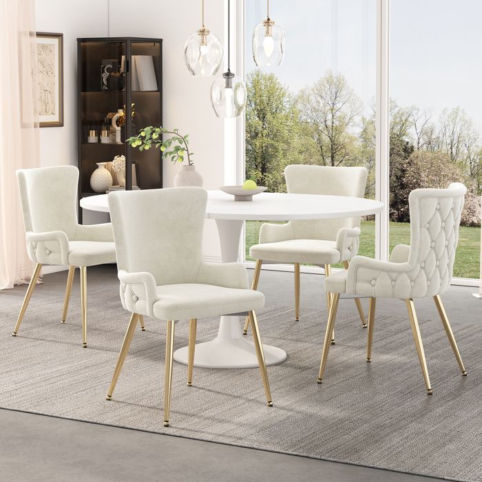 Lot de 4 Chaise de Salle à Manger en Velours - Fauteuil Longue de Salon - Chaise de Cuisine en Métal Doré Beige