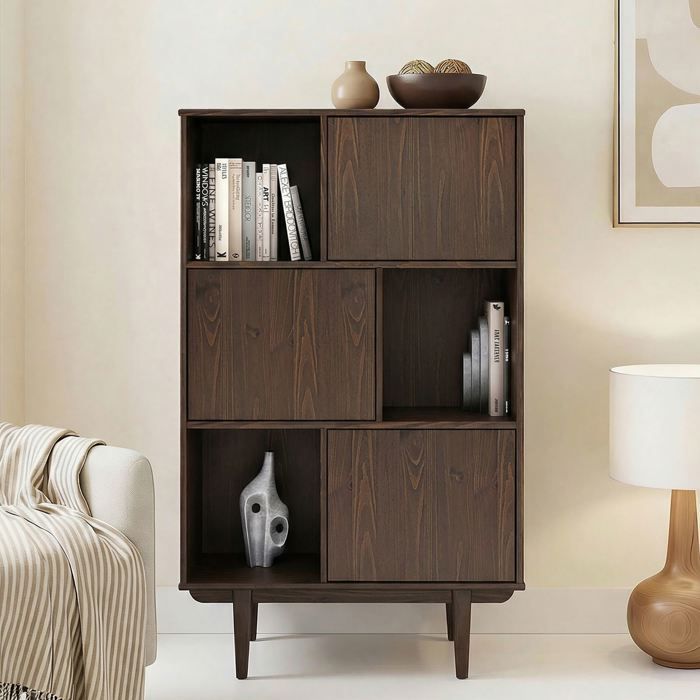 Buffet haut SIMONA 95x139 cm en bois massif coloris noyer avec 3 Portes et 3 Étagères Vaisselier en hauteur Buffet haut SIMONA 95x139 cm en bois massif coloris noyer avec 3 Portes et 3 Étagères Vaisselier en hauteur
