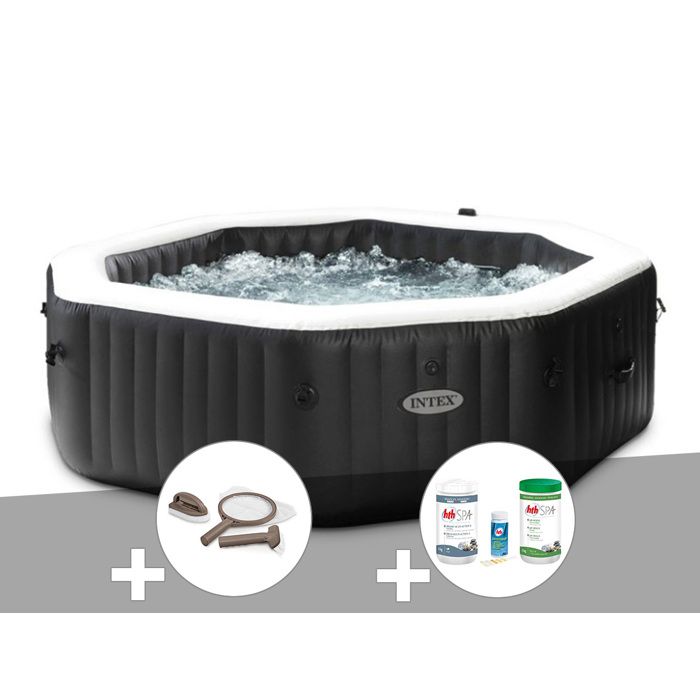 Intex Kit spa gonflable PureSpa Carbone octogonal Bulles et Jets 6 places + Kit traitement brome + Kit dentretien