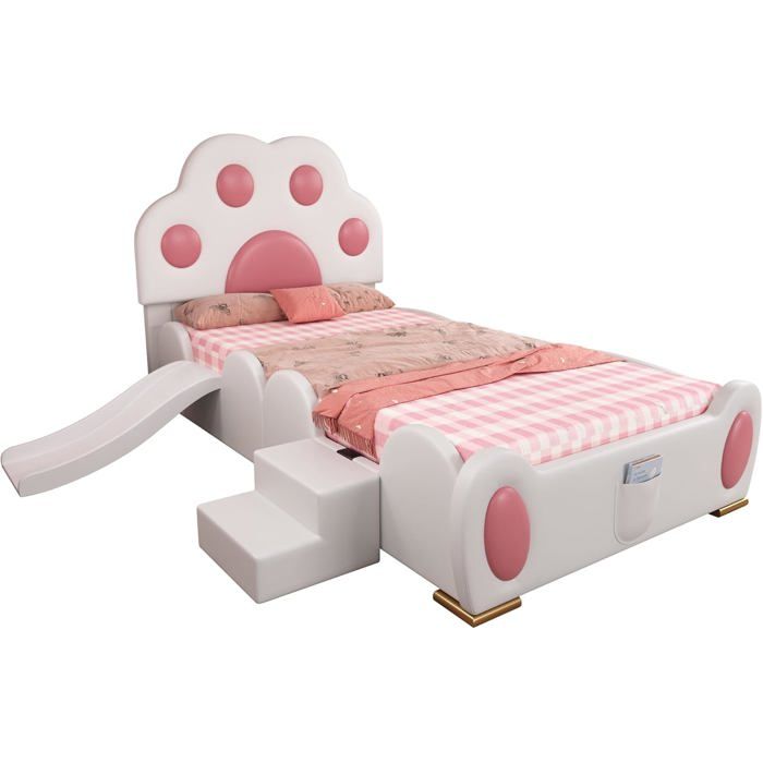 Lit capitonné 90x200cm avec tête de lit + lit simple toboggan sommier à lattes stables pour chambre denfant (sans matelas)
