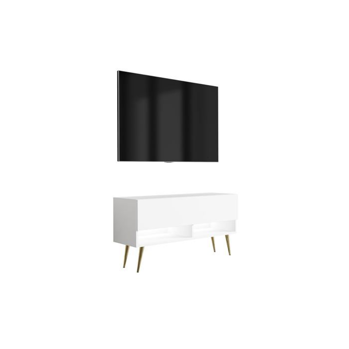 Meuble TV : Blanc Mat pieds obliques dorés LED blanche 100 × 32 × 52 cm