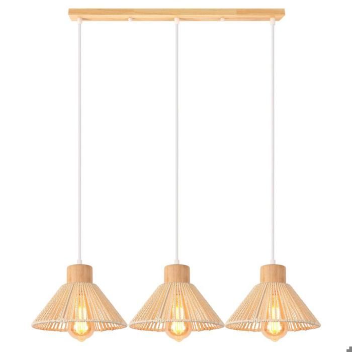 iDEGU 3lampes Lustres Industrielle Vintage 22cm Lmape de Plafond Retro Abat-jour en Rotin Fer Designe Chapeau E27 Luminaire Blanc