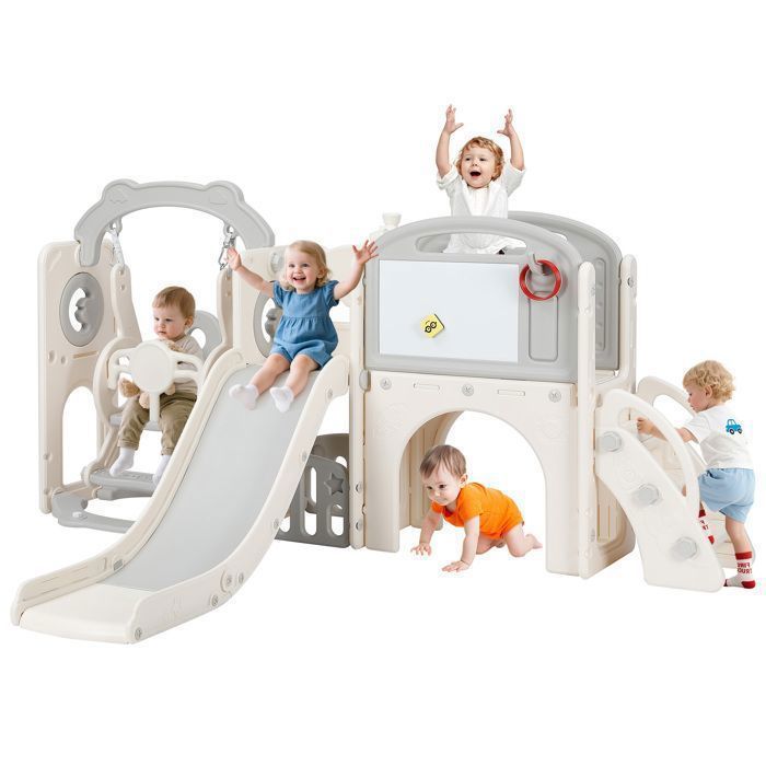 Toboggan et Balançoire Enfant 9 en 1 Toboggan avec BalançoireTélescope Escaliers Lancer danneaux Panier de Basket Beige gris