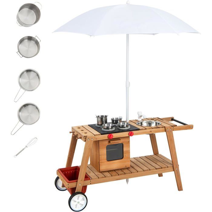 HOMASIS Jouet Cuisine pour Enfants en Bois d'épicéa, Cuisine extérieure pour Enfants avec Tableau/évier/4 Pots, Cadeau pour Enfants à partir de 3 Ans, 71 x 41 x 92 cm, Marron