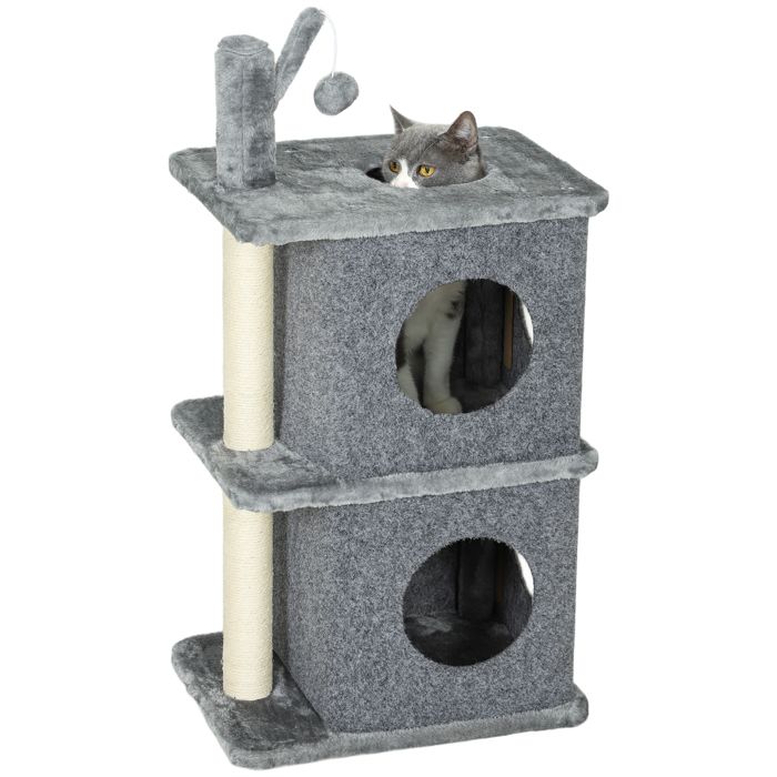 Comparer les prix de Arbre à chat - PawHut - 3 niveaux - 2 niches et surface de repos confortable balle - poteau en sisal et peluche douce - gris foncé