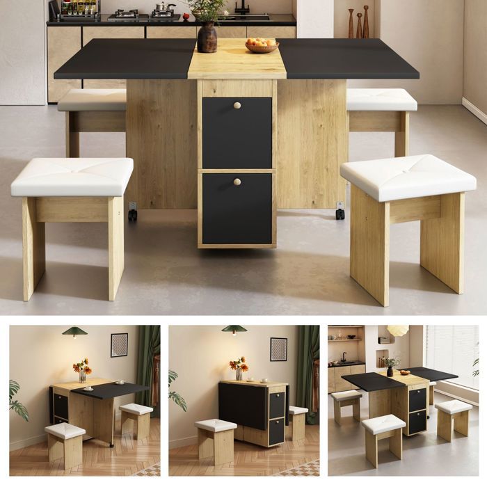 Ensemble table et chaises salle à manger 120x80 design blanc érable table extensible pliante multifonction