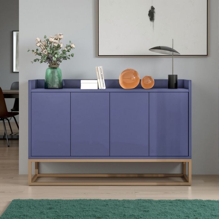 Buffet - Novélys - 120cm - 4 Portes Push-to-Open - Design Moderne et Luxueux - Bleu Marine & Or