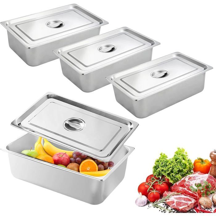 Bac Gastronorme Inox GN1/3 Lot 3 32.5x17.5x6.5cm Couvercle Marinade Panure Barbecue Empilable Cuisine