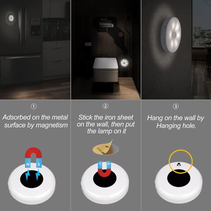 Veilleuse LED automatique sans fil 3 modes (auto/marche/arrêt) lampe de penderie avec indicateur de charge USB lot de 3