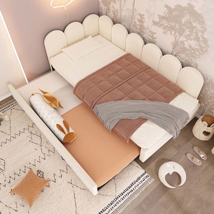 Lit coffre 90x200cm - avec canapé-lit gigogne 90x190cm - sommier à lattes métalliques - lit enfant - velours - beige