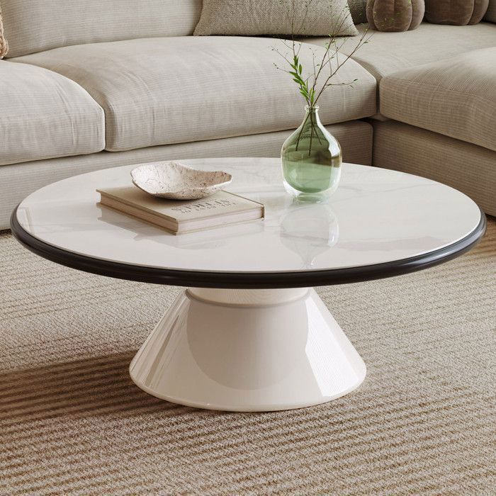 Table basse ronde design moderne plateau en verre trempé blanc pied central élégant table de salon contemporaine