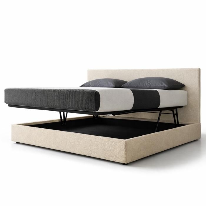 Lit coffre avec tête de lit - SAMPUR - 140x190 cm - Tissu bouclette beige - Ouverture horizontale - Grand coffre