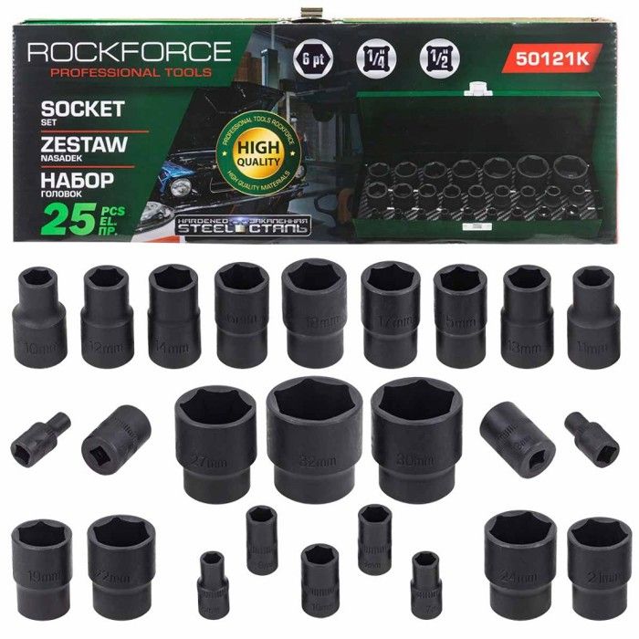 Ensemble clés douilles à choc - Rockforce - 1/2 et 1/4 - 4-32 mm - 6-côtés - 25 pièces - Valise métallique