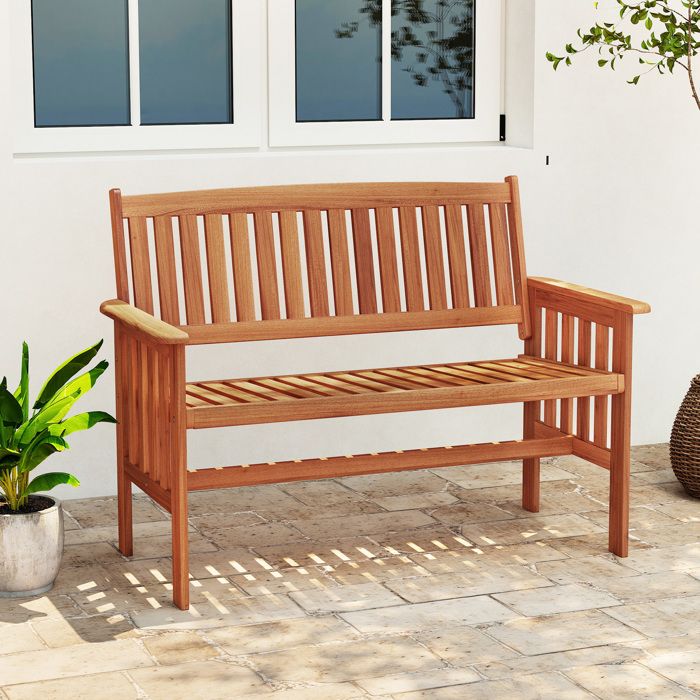 Banc de Jardin Extérieur 2 Places COSTWAY Dossier Banquette en Bois Massif Accoudoirs Assise à Lattes 105 x 39 cm Charge 200KG