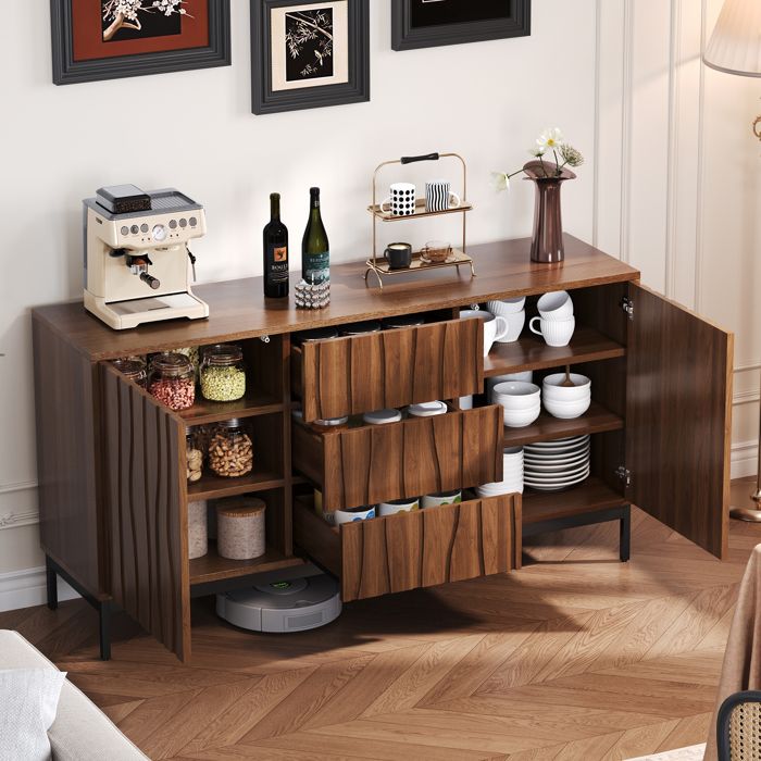 LPOSPI Buffet avec 3 tiroirs et étagères réglables bahut bas style mid-century moderne - mdf + pb - brun foncé - 150×40×80 cm