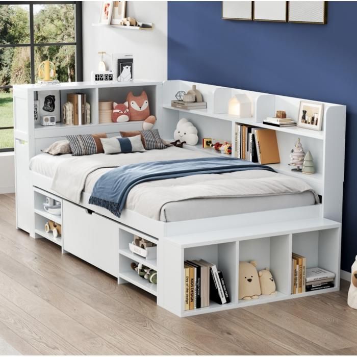 Lit enfant 90x200 cm avec rangements étagères et placard sommier à lattes structure bois blanc