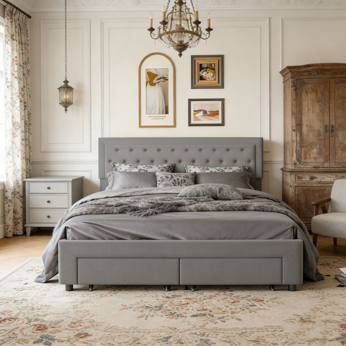 Lit adulte 160x200 cm avec rangement et sommier à lattes lit 160x200 cm avec 2 tiroirs lit double tissu en velours gris