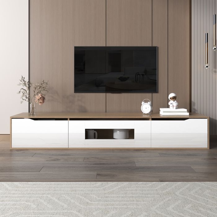 Meuble TV mural - KOMHTOM - 180 x 35 x 30 cm - Blanc brillant - LED 16 couleurs - Portes rainurées