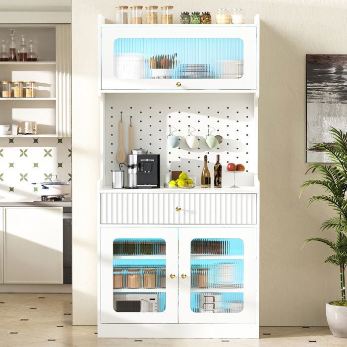 Buffet haut de cuisine avec étagères réglables tiroir éclairage LED et vitres rayées idéal pour la salle à manger et salon blanc