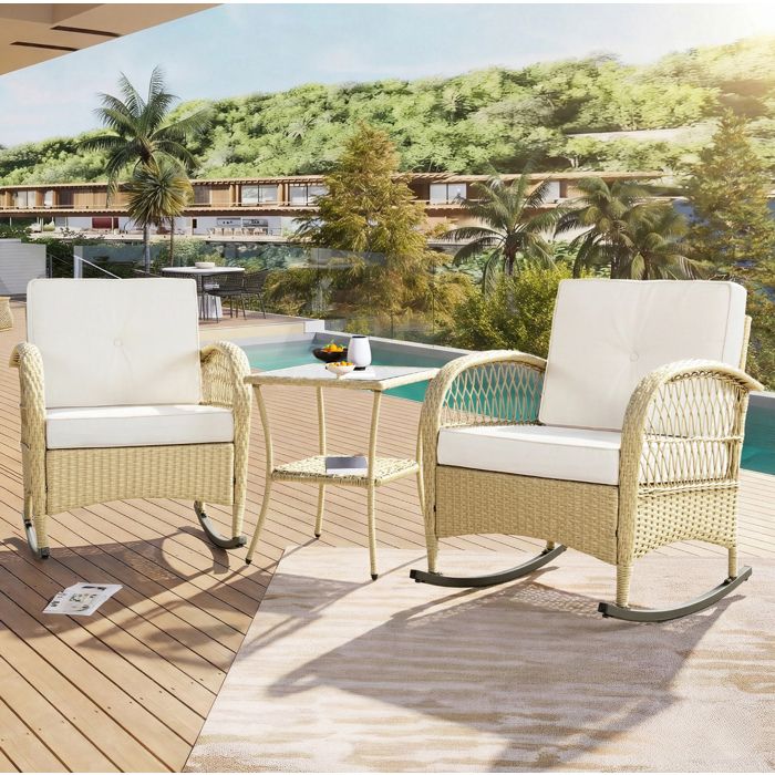 Fauteuil à bascule dextérieur 2 personnes salon de balcon 3 pièces rotin beige avec table