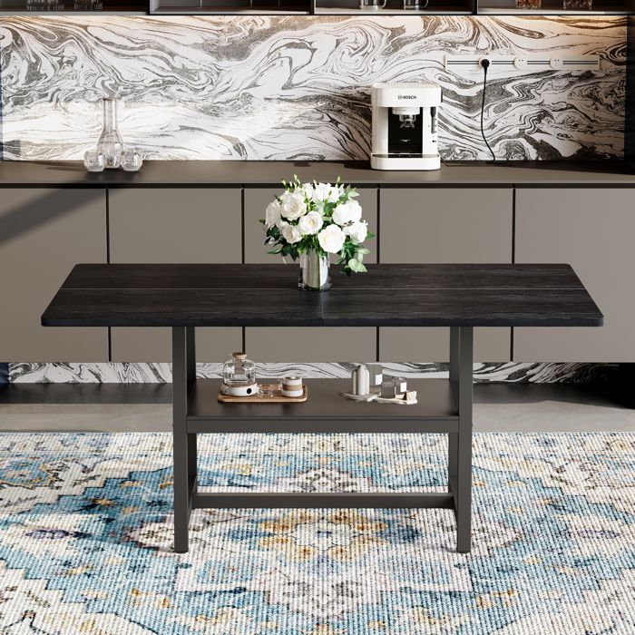 Table à manger rectangulaire noire 160x90 cm avec rangement en MDF et métal style industriel