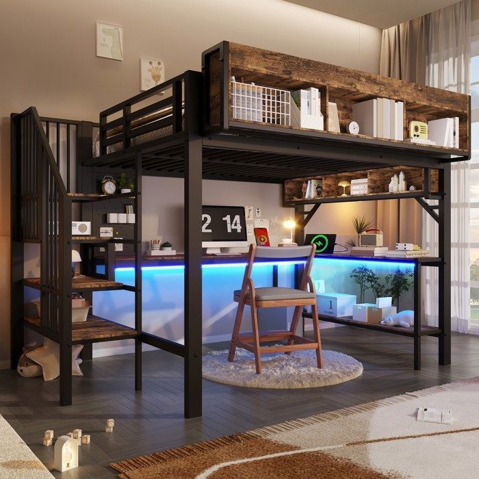 Lit mezzanine 140x200 cm lit enfant avec bureau dangle rangement prise USB Type-C LED EN747 (sans matelas) vintage marron et noir