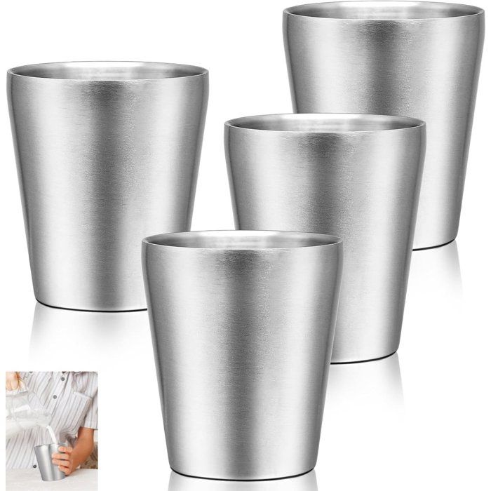 Lot De 4 Gobelets Inox Isothermes Double Paroi 175 ml Acier Inoxydable 304 Empilables Tasse Métal Camping Bureau Argent