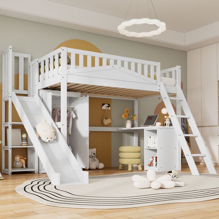 Lit Mezzanine Enfant 90x200 cm - FloraGrace avec Toboggan Bureau et Armoire Echelle 4 Marches sans Matelas - Blanc