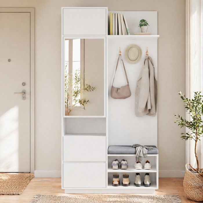 Meuble d’entrée 5-en-1 EVRYAE 90 x 34 5 x 190 cm avec miroir banc patères et range-chaussures blanc
