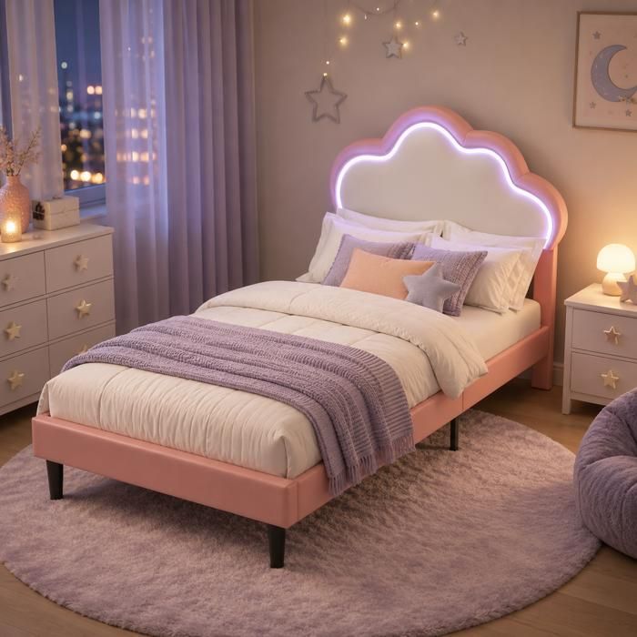 Lit enfant 90x200 cm avec LEDLit nuage tête réglableLit simple rembourré avec sommier à lattesLit princesse en tissu PU rose