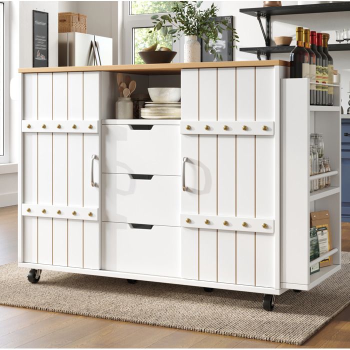 Desserte de cuisine 110x42x90 cm plateau rabattable 3 tiroirs portes coulissantes blanc