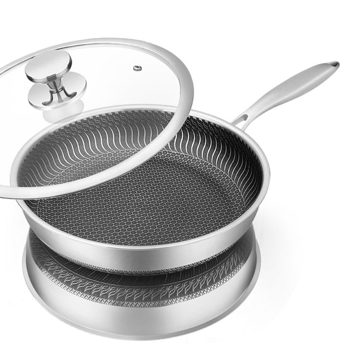 Poele Inox 28cm  en acier inoxydable 316 chauffe uniformément livrée avec un couvercle.