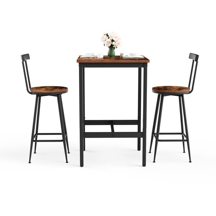 Ensemble table haute + 2 tabourets plateau marron rustique structure métal 60x60x90 cm pour salle à manger/salon