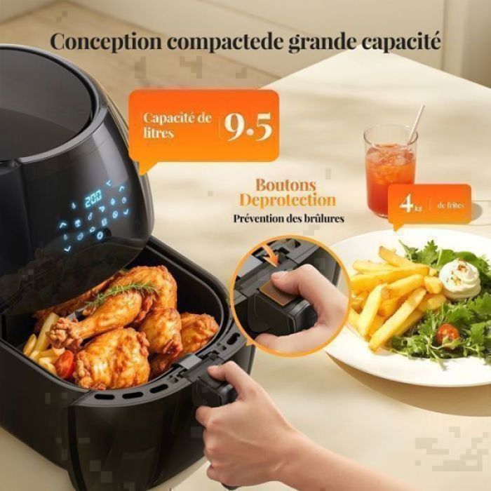 Air Fryer friteuse sans huile 2000W 95L 8 programmes 80°C à 200°C boutons de commande anti-brûlure