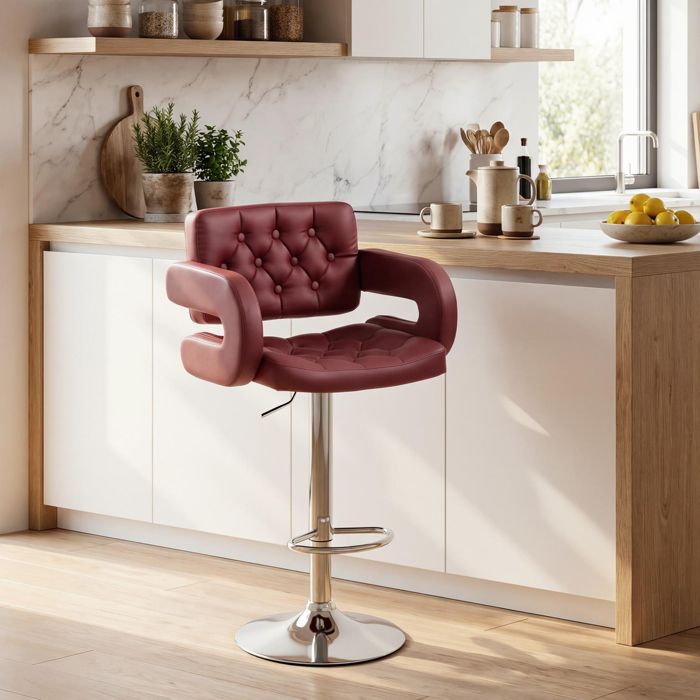 Tabouret de Bar avec Dossier et Accoudoirs Hauteur Réglable et Repose-Pieds Simili Cuir Rouge Tabouret de Bar avec Dossier et Accoudoirs Hauteur Réglable et Repose-Pieds Simili Cuir Rouge