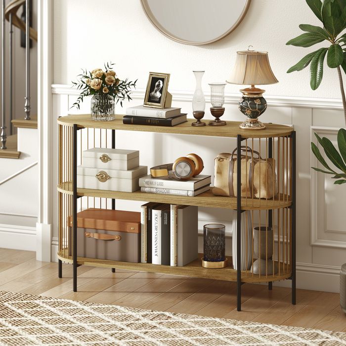 Table console - Cannage tressé - Corde de papier tressée à la main - Cadre en acier - 3 étagères (124 x 435 x 80 cm)