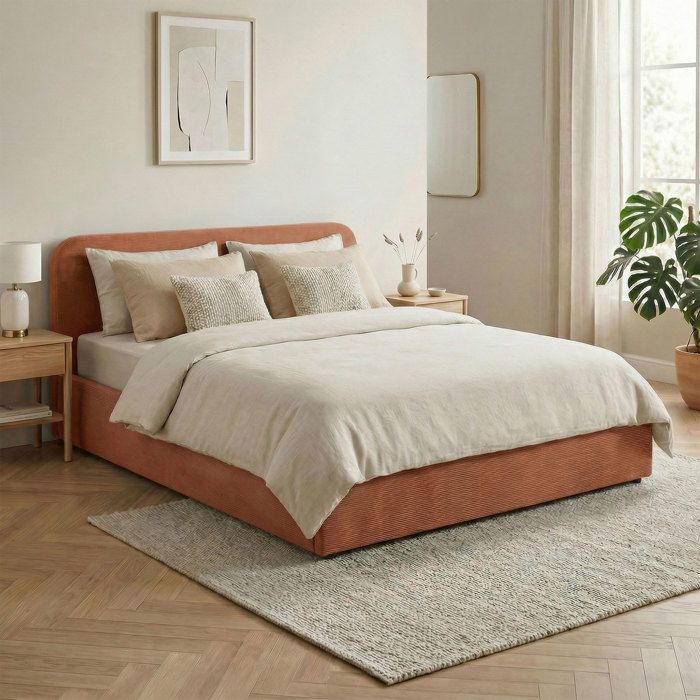 Lit coffre 160x200 cm en velours côtelé terracotta + sommier à lattes