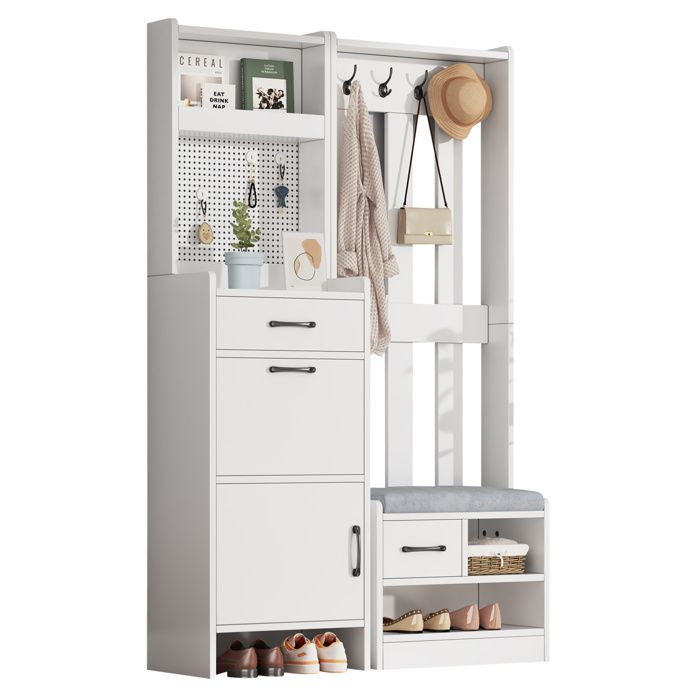 Meuble d’entrée 7-en-1 – blanc – avec banc à chaussures 2 tiroirs panneau perforé et 7 crochets