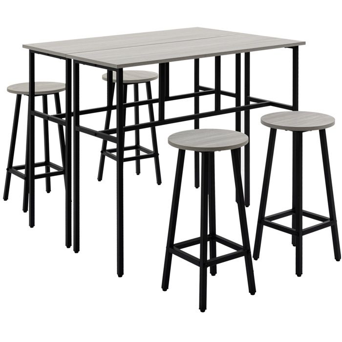 Ensemble de bar 6 pièces industriel 2 tables hautes 4 tabourets gris et noir bois et acier