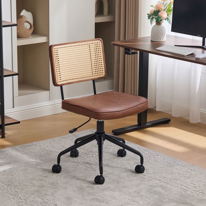 Chaise de Bureau Pivotant à Roulettes 360° en Similicuir - Fauteuil manager Réglable - Dossier en Rotin - Marron