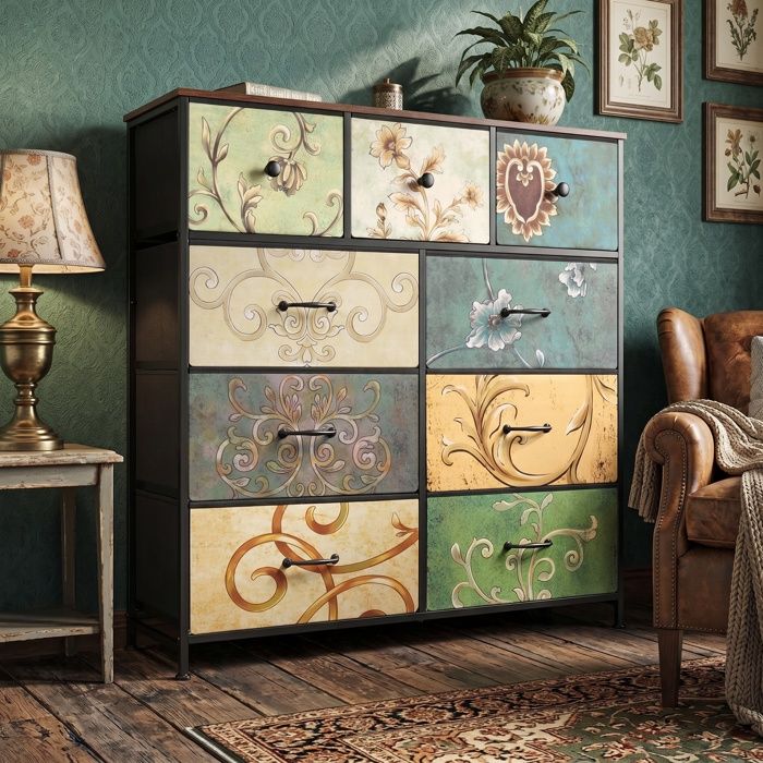 Commode avec 9 Tiroirs Meuble TV Coiffeuse Rétro de Rangement pour Salon Chambre Couloir - Plateau en MDF Bois Structure en Métal