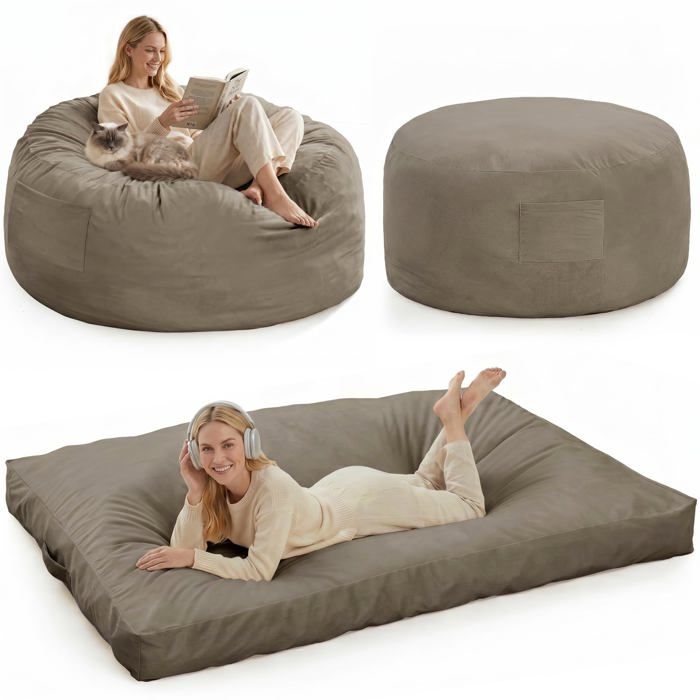 Garvee Pouf Géant XXL Convertible Lit Rembourré Housse Microfibre Douce Idéal Salon & Gaming Gris Champagne
