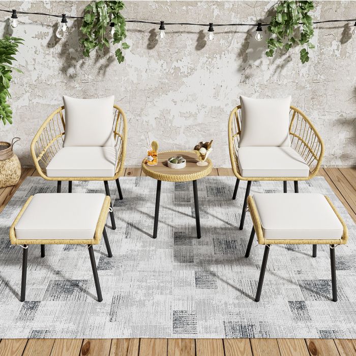 JOINERY table salon chaise ensemble de jardin 5 pièces extérieur avec 2 chaises 2 repose pieds 1 table rotin blanc naturel
