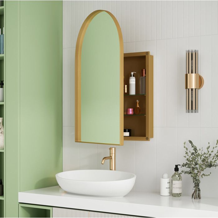 Armoire Pharmacie Miroir Arche Or Meuble Mural FloraGrace Salle De Bain Chambre Salon Etagères Réglables 101x72x12cm