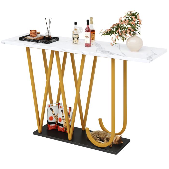 Table console - HIBA - 120×29 5×80 cm - Effet marbre - Pieds dorés - Rangement central